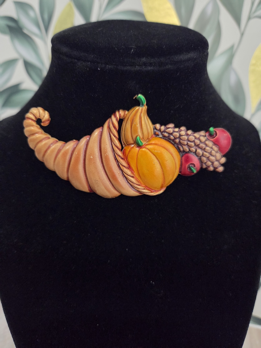 Vintage Signed Tara Thanksgiving Cornucopia Harvest Enamel Brooch Pin 3.25"